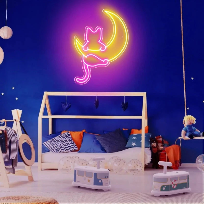 Stylish Cat and Moon Neon Lamp displayed in a cozy room setting