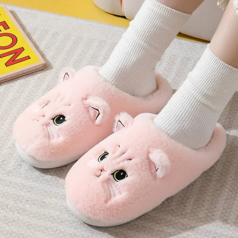 Person wearing Cute Cat Slippers, showcasing the plush design.