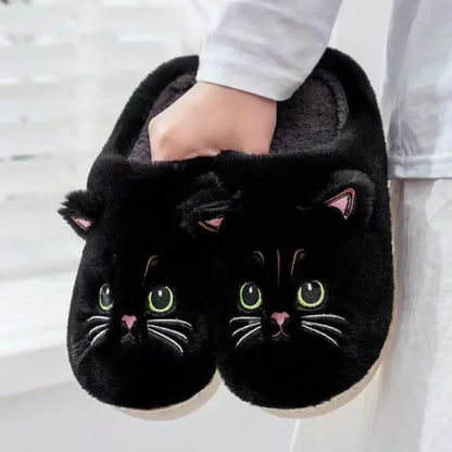 Close-up of black Cute Cat Slippers with cat face design