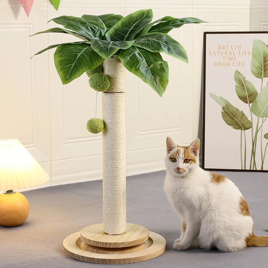 Cat scratching post with natural sisal rope and hanging balls for interactive play