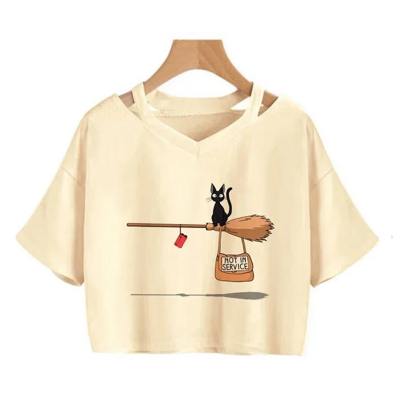 Short sleeve cropped cat t-shirt