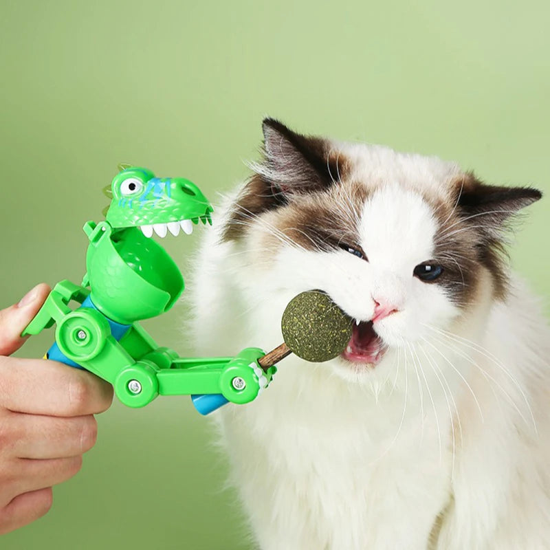 Dinosaur-shaped lollipop cat teaser stick in action, stimulating a cat's playful instincts