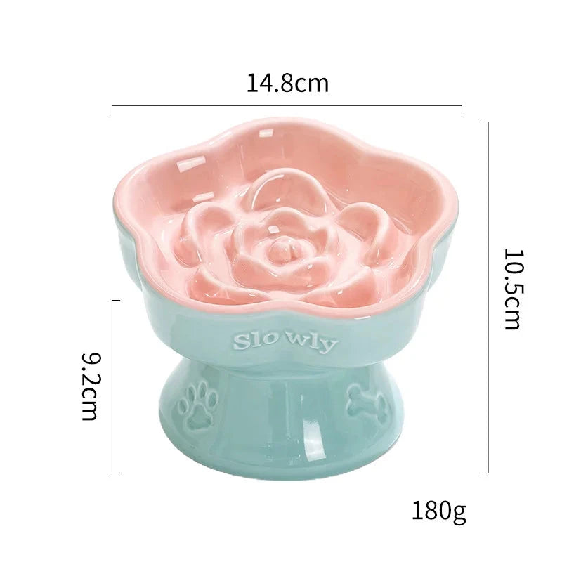 Pet slow feeding bowl cat high ceramic bowl dog Floral bowl small dogs anti-choking slow feeding neck protection slanted bowl