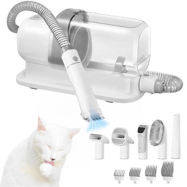 Pet grooming vacuum and dog grooming kit showcasing included accessories and large dust box.