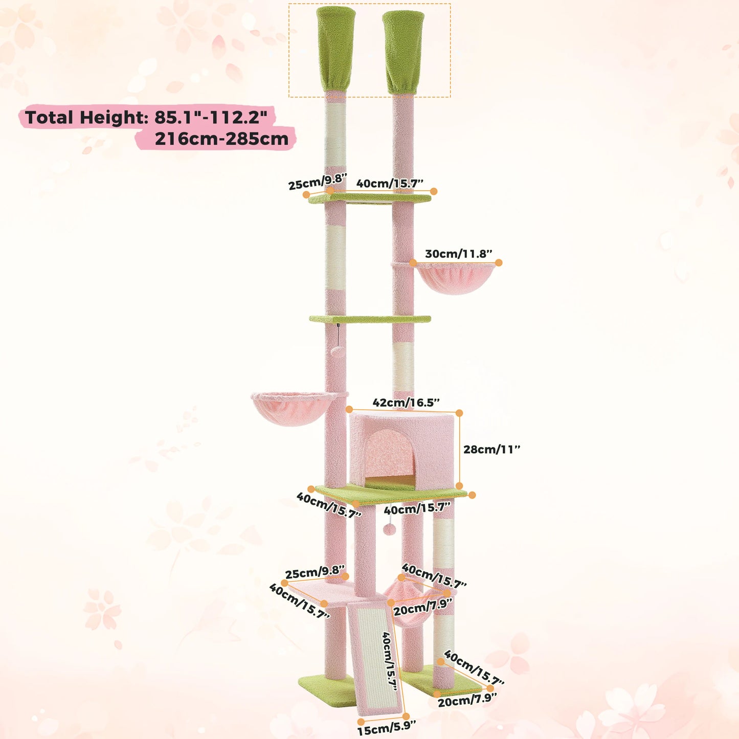 Adjustable 216-285cm Height Cactus Cat Tree with Condo Hammock High Cat Tower Scratching Post for Cat Jumping Platform Cat Toys