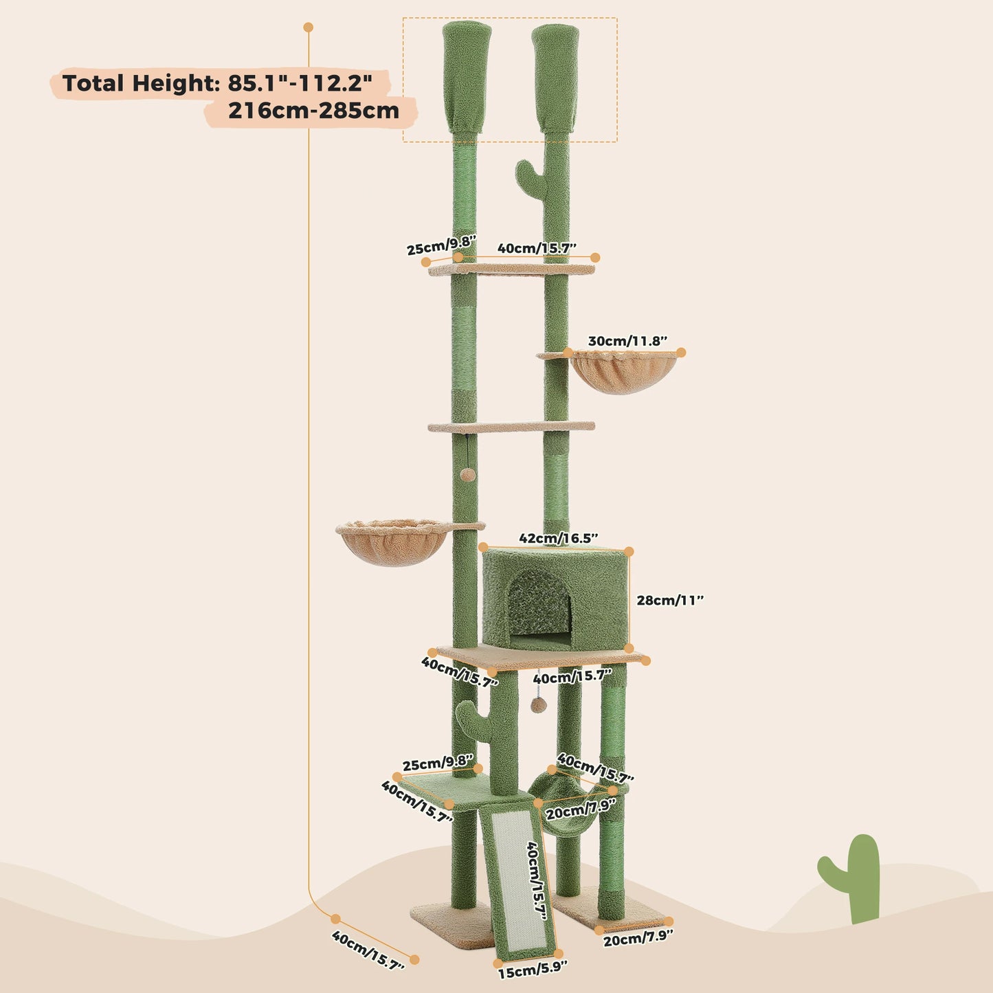 Adjustable 216-285cm Height Cactus Cat Tree with Condo Hammock High Cat Tower Scratching Post for Cat Jumping Platform Cat Toys