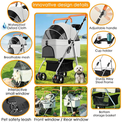 Pet Stroller - 3-in-1 Foldable with Bowl Set