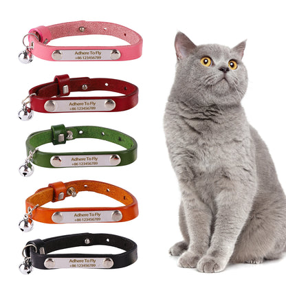 Customizable Leather Cat Collar with Bell - Personalized ID