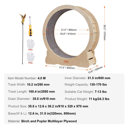 VEVOR Cat Exercise Wheel Natural Wood Silent Running Toy Treadmill Roller Wheel with Detachable Carpet for Most Cats Pet Fitness