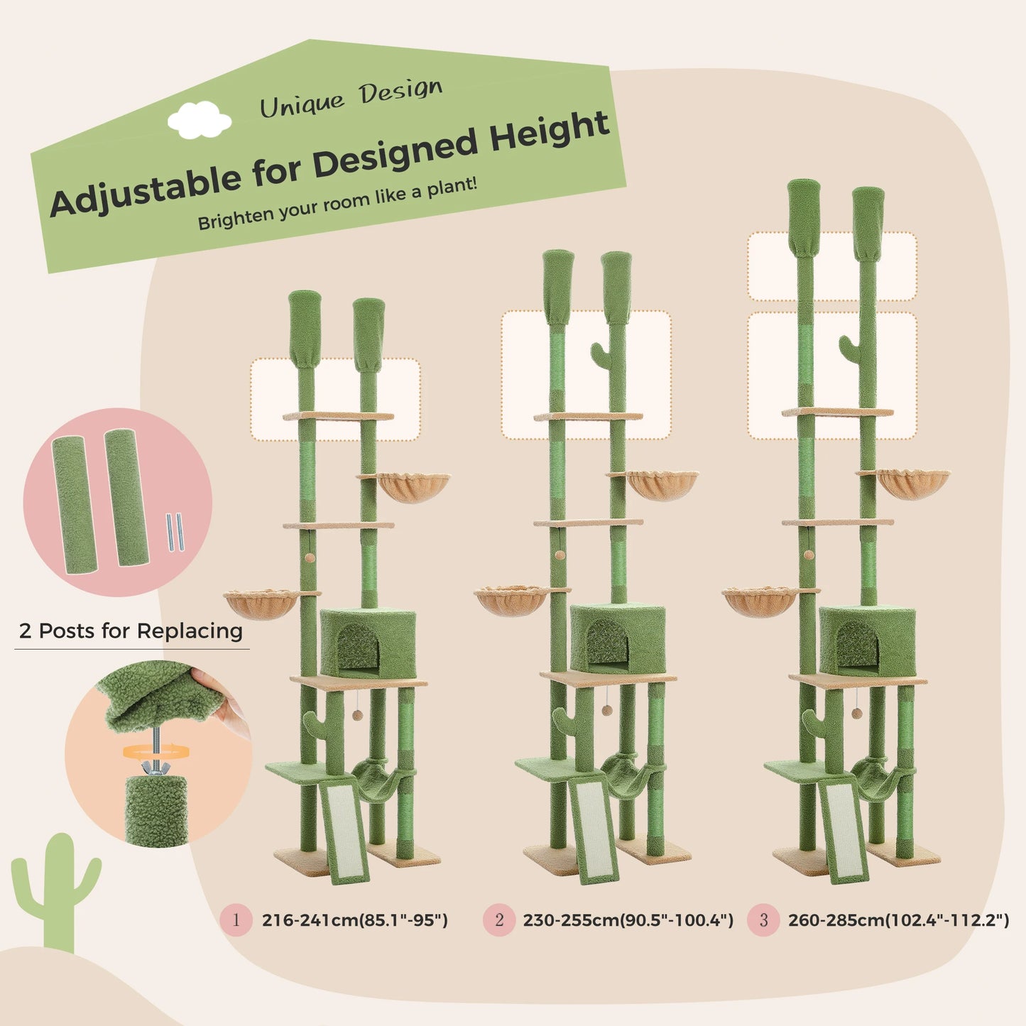 Cactus Cat Tree Tower with Adjustable Height and Hammock