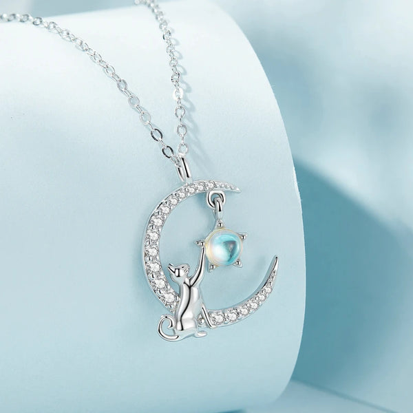 925 Sterling Silver Cat Moon Necklace