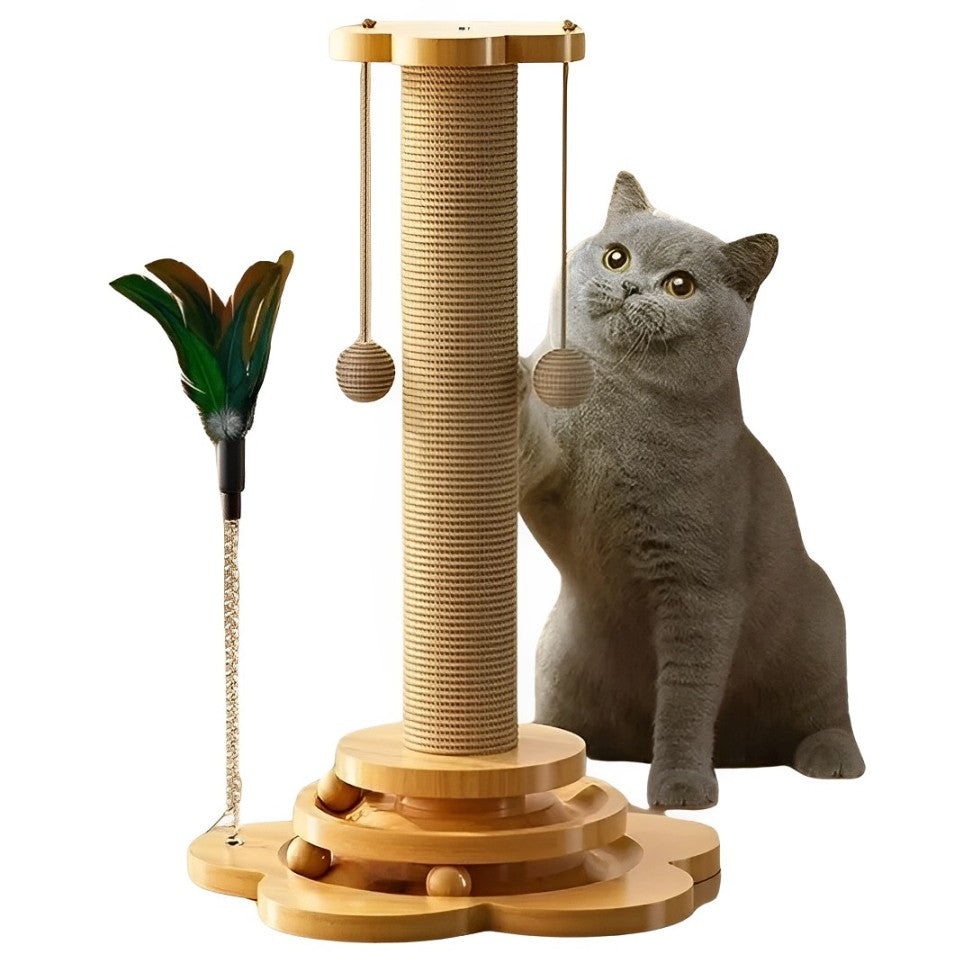 Cat enjoying the durable and fun cat scratching post with interactive balls