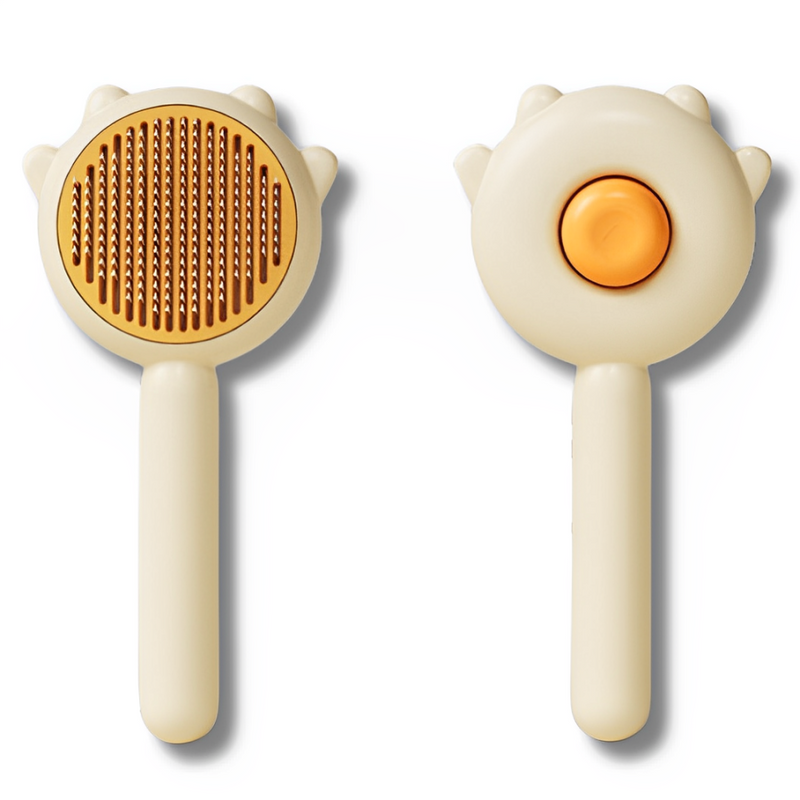 YELLOW cat brush for removing loose fur and massaging, ergonomic design for comfortable grooming.