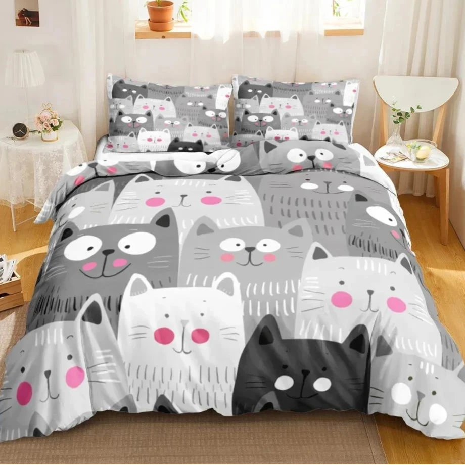 3PCS Single-sided Printed Bedding Set ,Comforter Cartoon Cute Cat Duvet Bedding Cover Pillows Comfortable Bedspreads BeddingSet