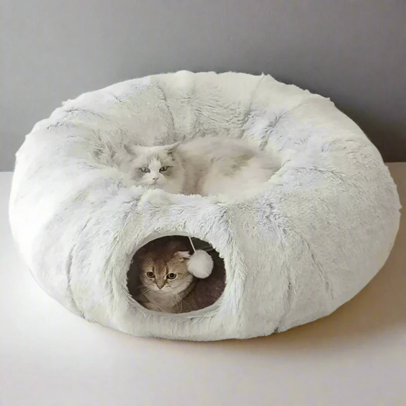 Plush Cat Bed with Tunnel for Indoor Cats Multifunctional Cat Tunnel Bed with Peephole  Fluffy Donut Cat Bed with Tunnel