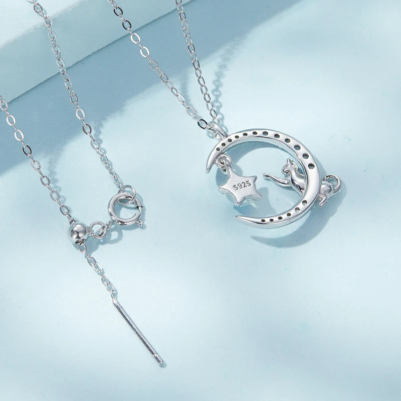 Elegant cat necklace gift with moon and CZ Cat Necklace