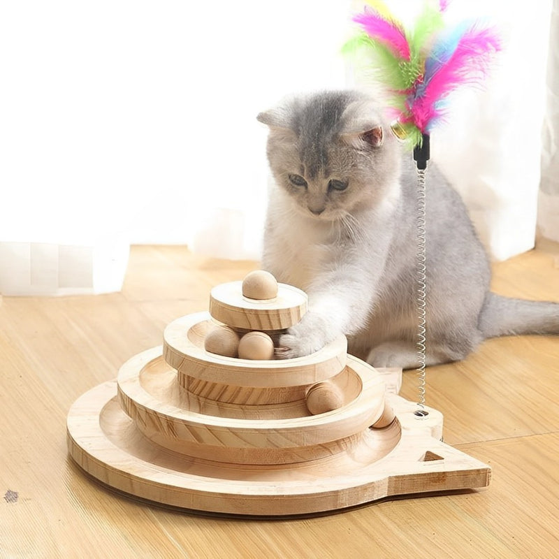 Solid wood cat toy with teasing sticks