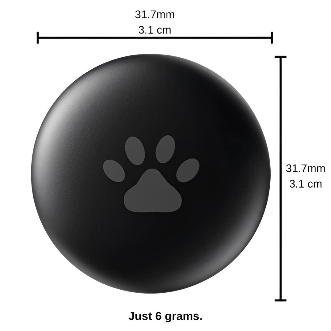 Cat Tracker, incredibly lightweight at just 6 grams and compact in size at only 31.7mm x 31.7mm x 8mm