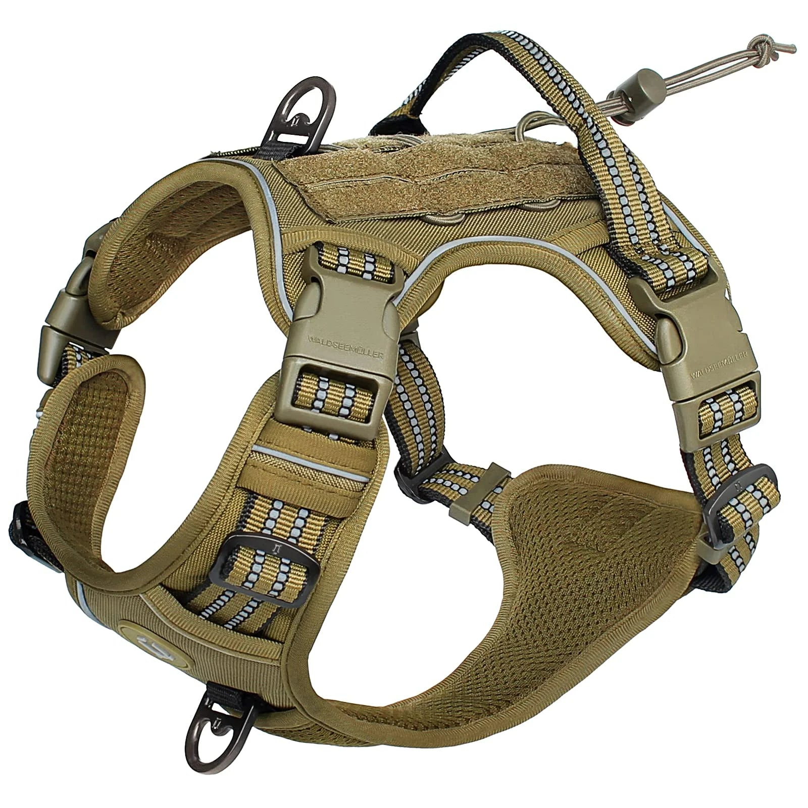 Reflective tactical harness for dogs, enhancing nighttime visibility and safety.