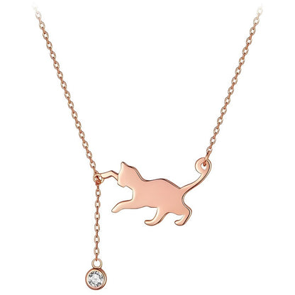 Adjustable silver necklace with cat pendant - color rose gold